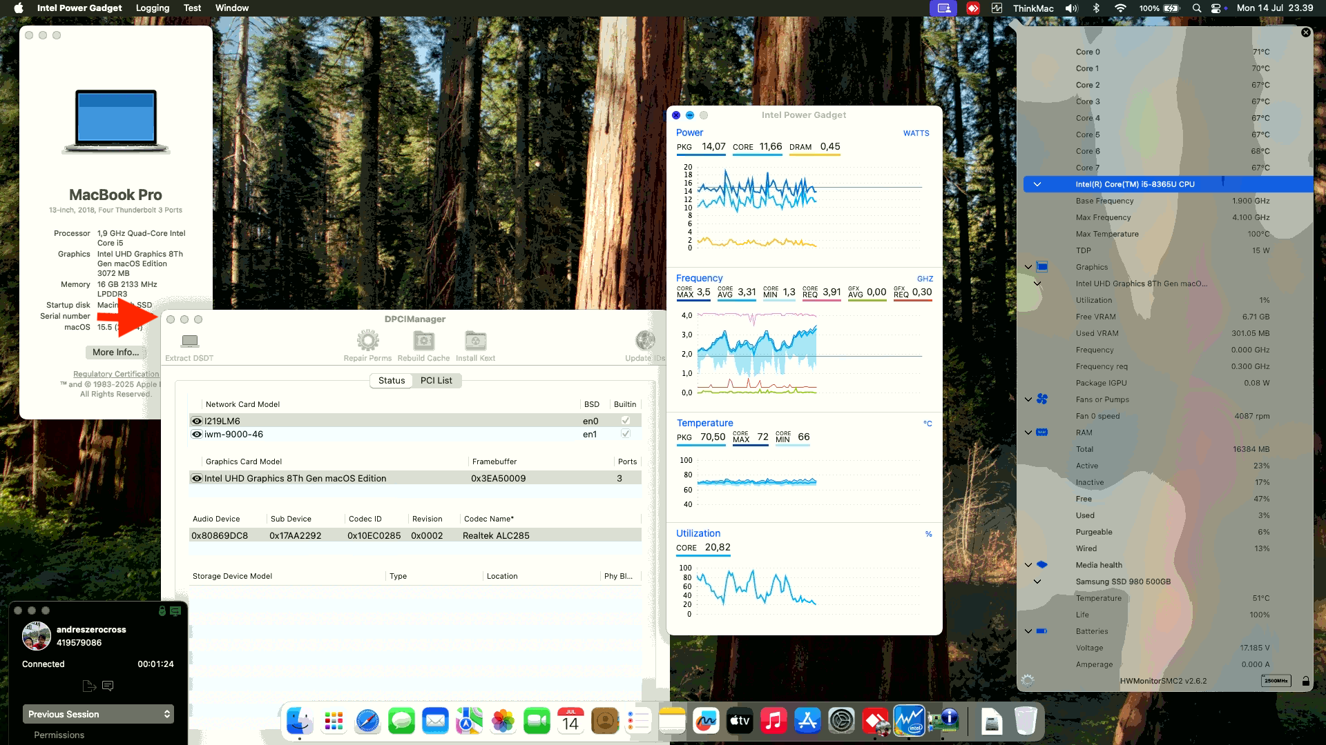 Success Hackintosh macOS Ventura 13.5 Build 22G74 in Lenovo Thinkpad X1 Carbon 7th Gen